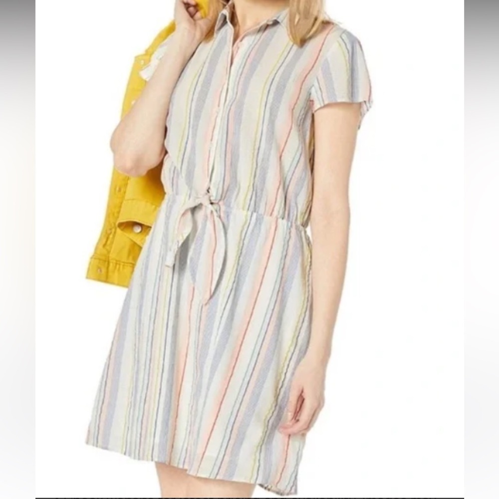 J. Crew Mercantile Rainbow Stripe Seersucker Collared Tie Front Dress Size M